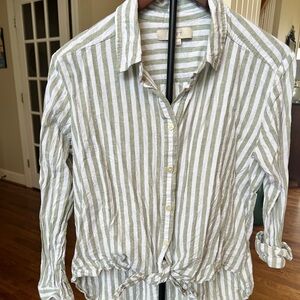 LOFT Olive and White Striped Blouse